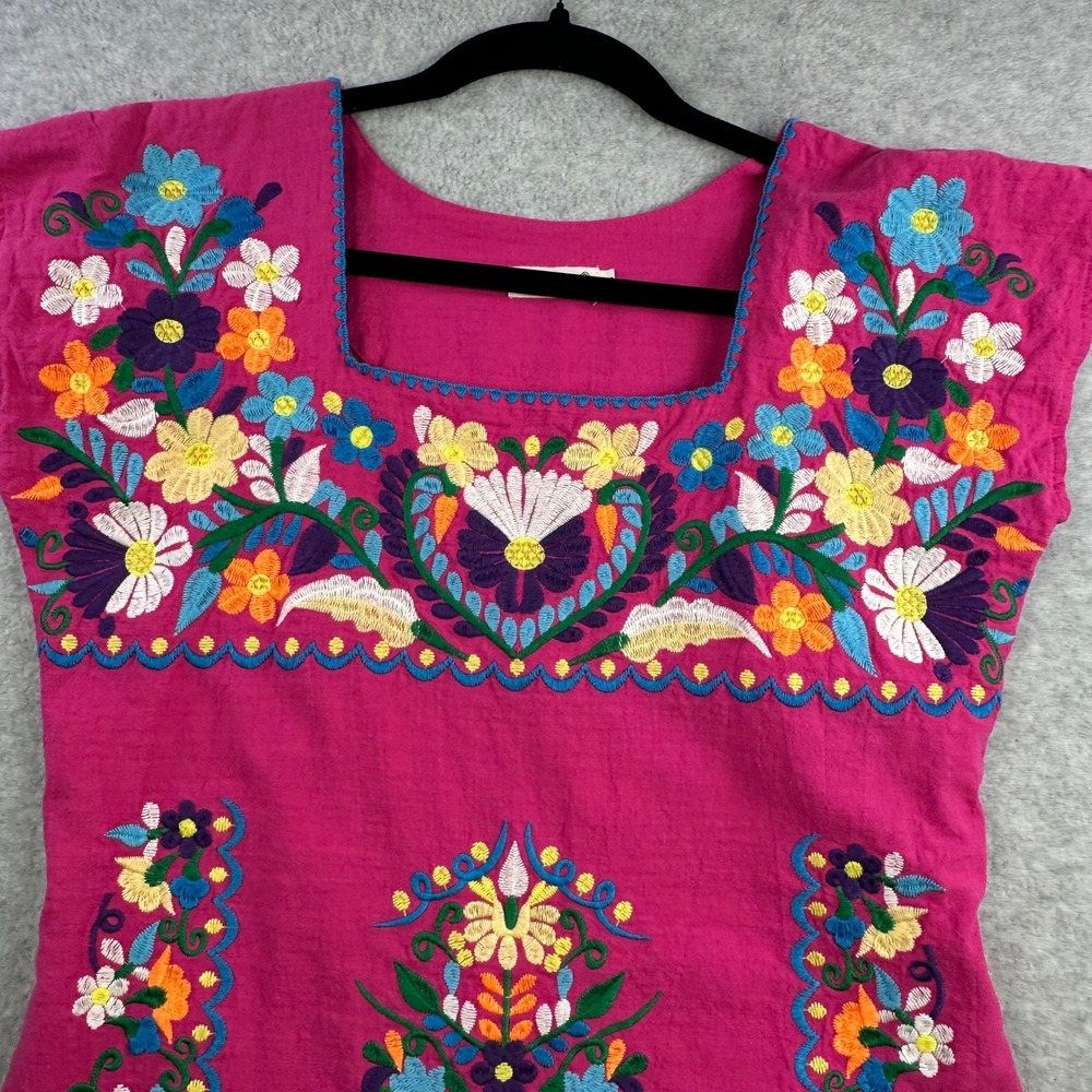 YZXDORWJ Pink Cotton Floral Embroidered Mexican Boho Shift Dress Medium - Picture 10 of 14
